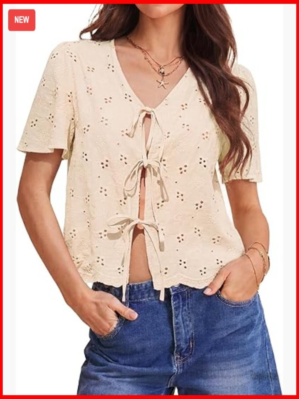 Cotton Eyelet Tie Front Boho V Neck Tunic Cover Up